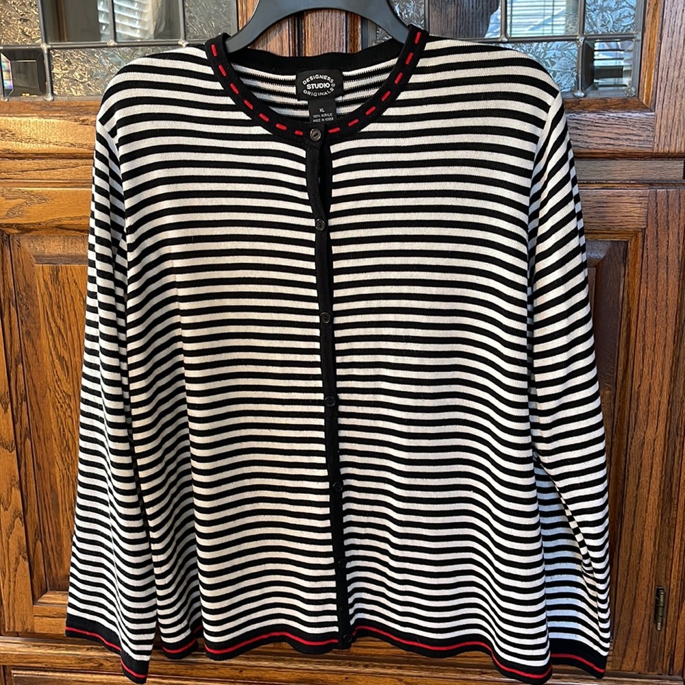 NWOT DESIGNERS ORIGINALS LUXELON BLACK/WHITE/RED STRIPED CARDIGAN  SZ XL